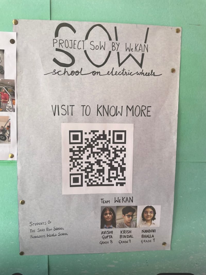 A hand-lettered poster reading Project SoW by WeKAN, school on electric wheels, with a QR code and photographs of the three team members and their grades.