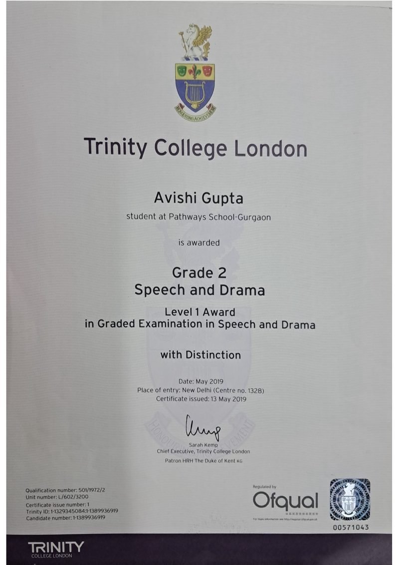 Trinity College London certificate awarding Avishi Gupta Grade 2 Speech and Drama, Level 1 Award in Graded Examination in Speech and Drama, with Distinction.