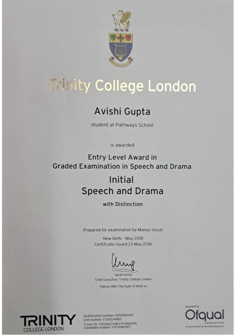 Trinity College London certificate awarding Avishi Gupta an Entry Level Award in Graded Examination in Speech and Drama, Initial, with Distinction.
