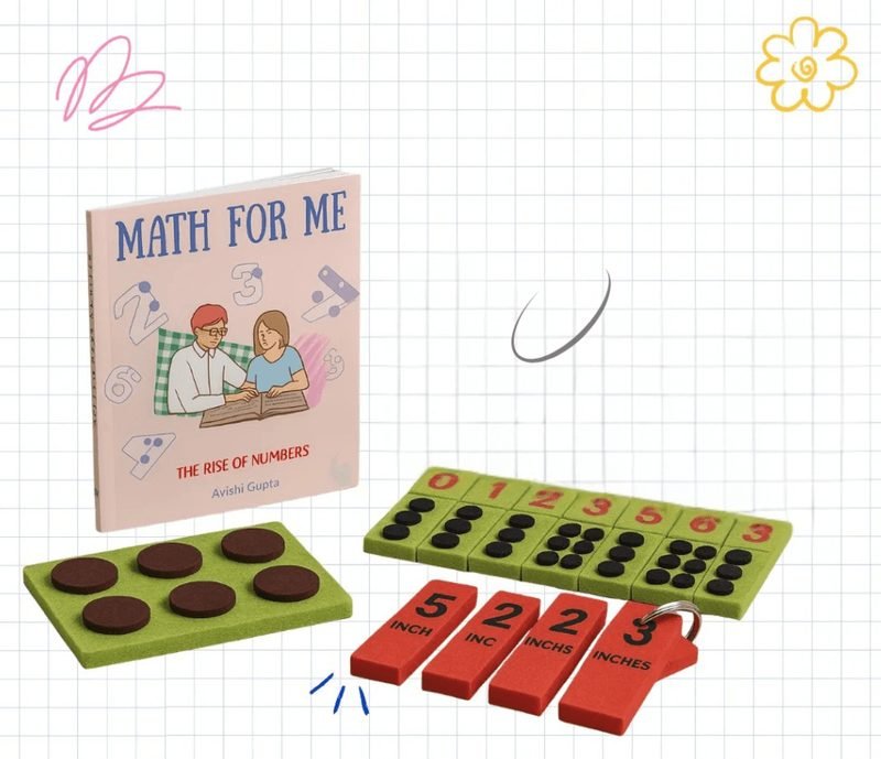 The Math Kit laid out: the Math for Me Braille book, a tactile abacus tray, Braille number tiles 0 to 9, and red measurement tiles marked in inches.